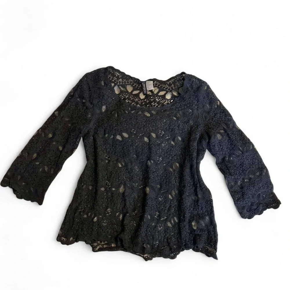H&M Black Lace Mesh Top Size 8 Boho Goth Sheer‎ 3/4 Sleeve